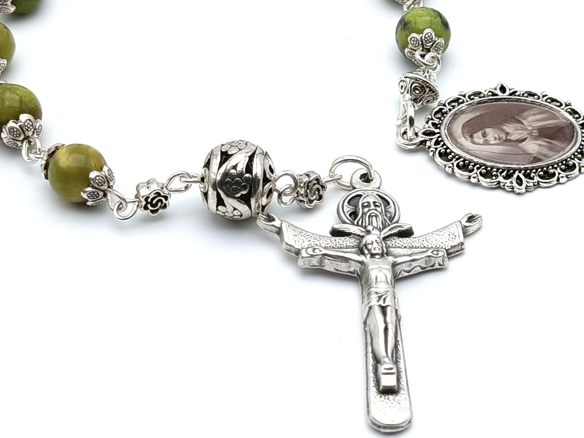 Saint Therese of Lisieux unique rosary beads single decade or tenner rosary with green gemstone beads, silver bead caps, pater bead, Trinity crucifix and picture end medal.