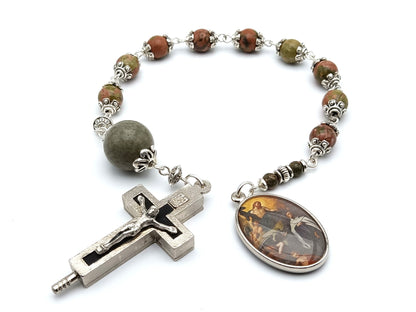 Saint Teresa of Avila and Saint John of the Cross unique rosary beads single decade or tenner rosary with gemstone beads, silver bead caps, relic holder crucifix and picture end medal.