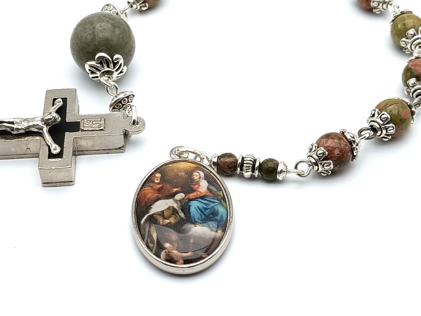 Saint Teresa of Avila and Saint John of the Cross unique rosary beads single decade or tenner rosary with gemstone beads, silver bead caps, relic holder crucifix and picture end medal.