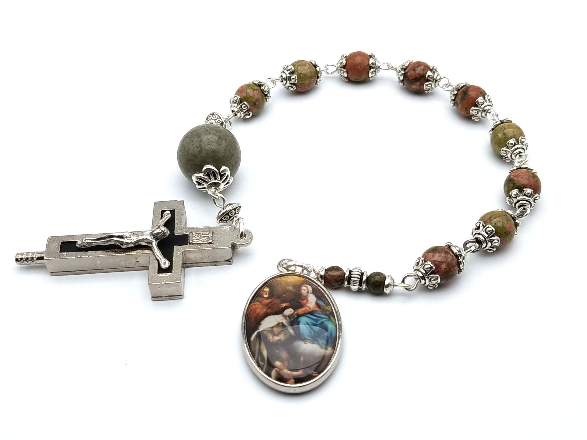 Saint Teresa of Avila and Saint John of the Cross unique rosary beads single decade or tenner rosary with gemstone beads, silver bead caps, relic holder crucifix and picture end medal.