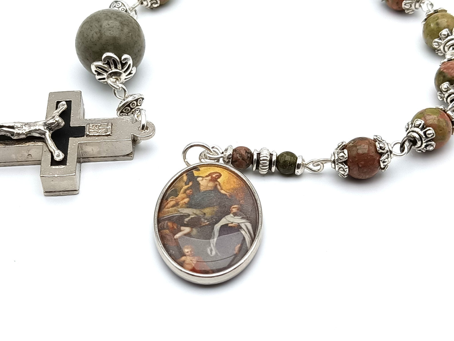 Saint Teresa of Avila and Saint John of the Cross unique rosary beads single decade or tenner rosary with gemstone beads, silver bead caps, relic holder crucifix and picture end medal.