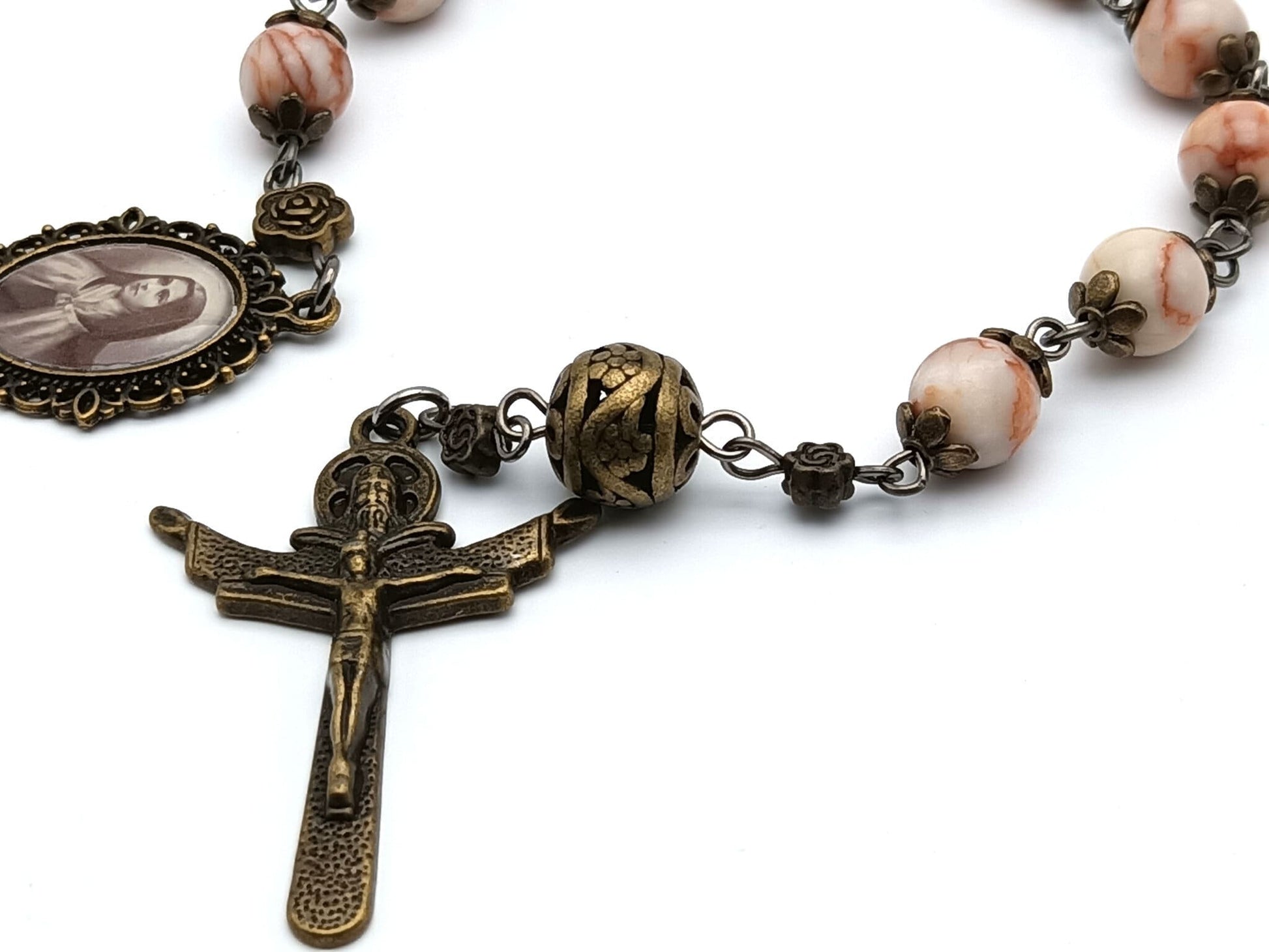 Saint Therese of Lisieux unique rosary beads single decade or tenner rosary with dragons blood gemstone beads, bronze bead caps, pater bead, Trinity crucifix and picture medal.