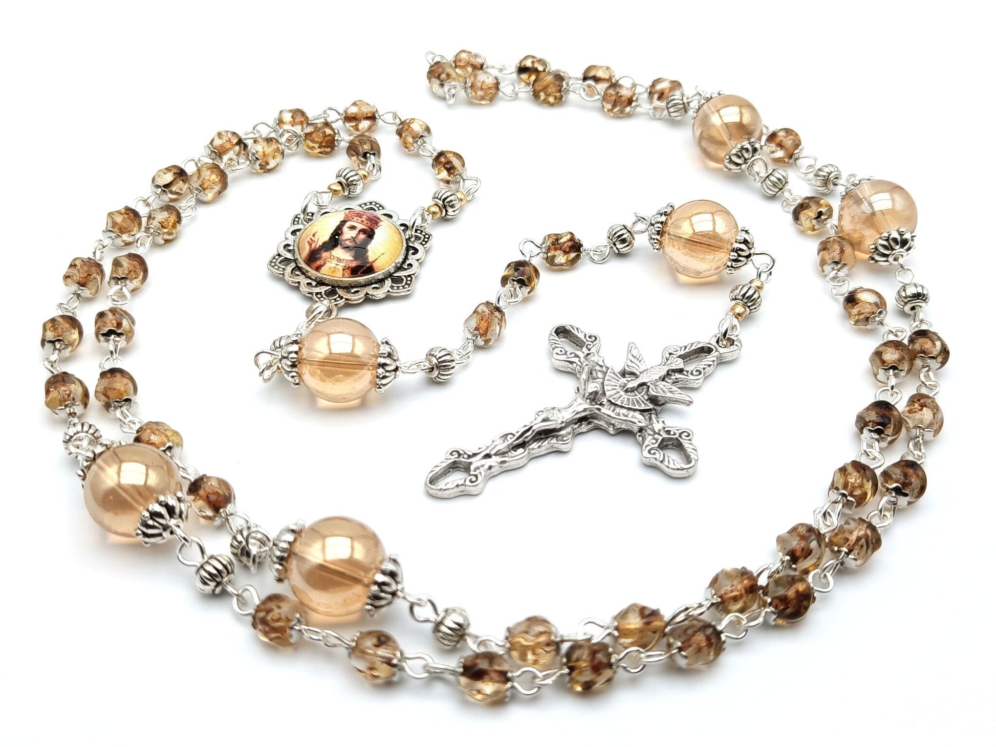 Christ the King unique rosary beads with nugget amber glass beads, silver Holy Spirit crucifix and picture centre medal.