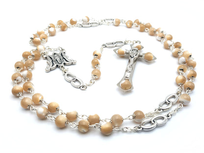 Miraculous medal unique rosary beads wedding rosary with mother of pearl beads, silver and mother of pearl crucifix and silver two rings pater beads.