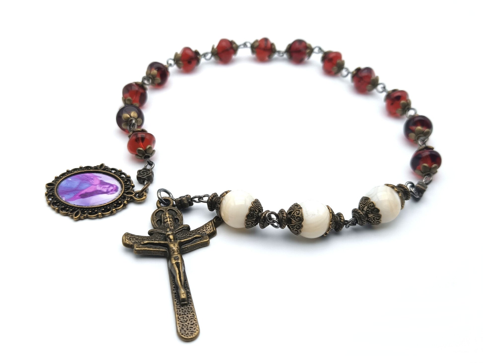Saint Philomena unique rosary beads prayer chaplet with red nugget glass and opal beads, bronze bead caps, crucifix and picture medal.