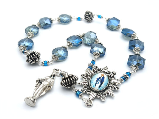 Immaculate Conception unique rosary beads prayer chaplet with blue faceted crystal beads, silver picture centre medal and statue medal of Our Lady.