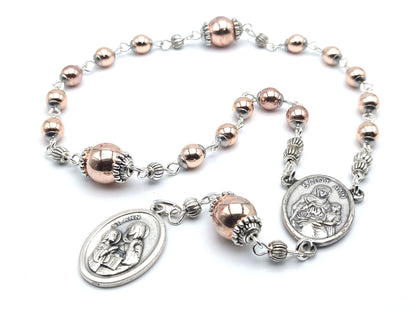 Saint Ann unique rosary beads prayer chaplet with rose gold gemstone beads, silver bead caps, Saint Ann centre and end medals.