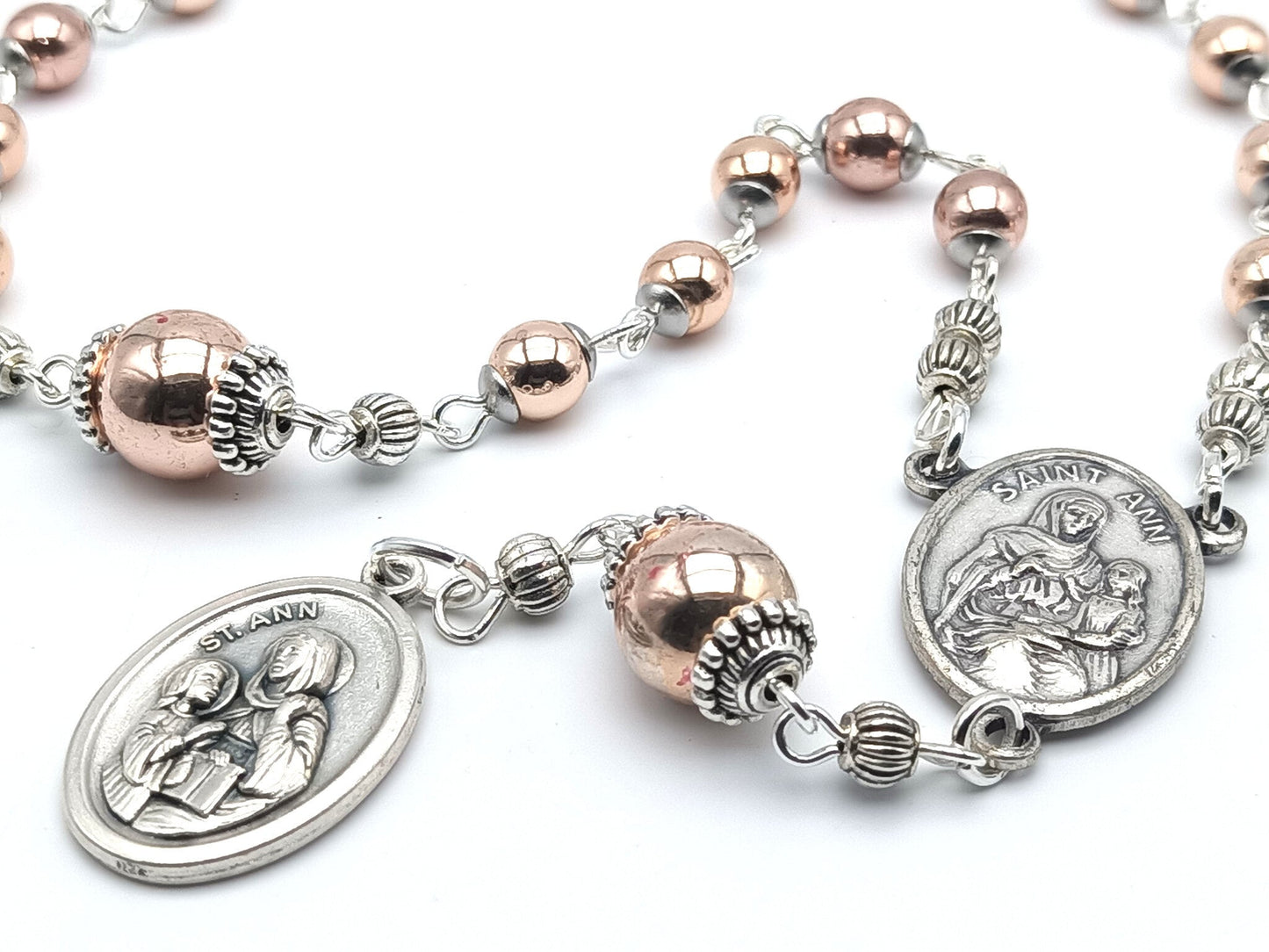 Saint Ann unique rosary beads prayer chaplet with rose gold gemstone beads, silver bead caps, Saint Ann centre and end medals.