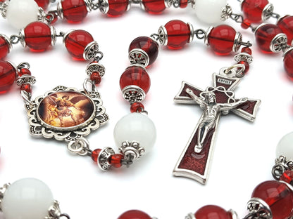 Saint Michael unique rosary beads prayer chaplet with red and opal glass beads, red crown of thorns crucifix and silver picture centre medal.