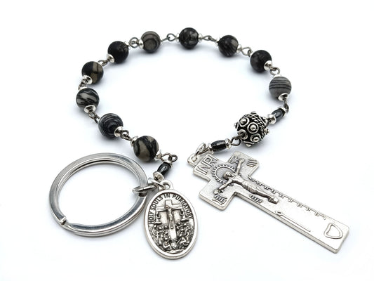 Holy Souls unique rosary beads single decade or tenner with black and grey gemstone beads, silver penal crucifix and holy souls medal.