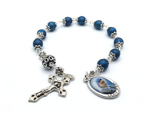 Saint Mother Theresa unique rosary beads single decade or tenner rosary with blue beads, silver bead caps, picture medal, pater bead and filigree crucifix.
