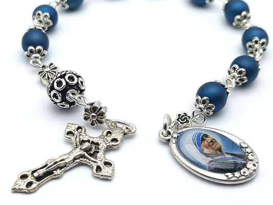 Saint Mother Theresa unique rosary beads single decade or tenner rosary with blue beads, silver bead caps, picture medal, pater bead and filigree crucifix.