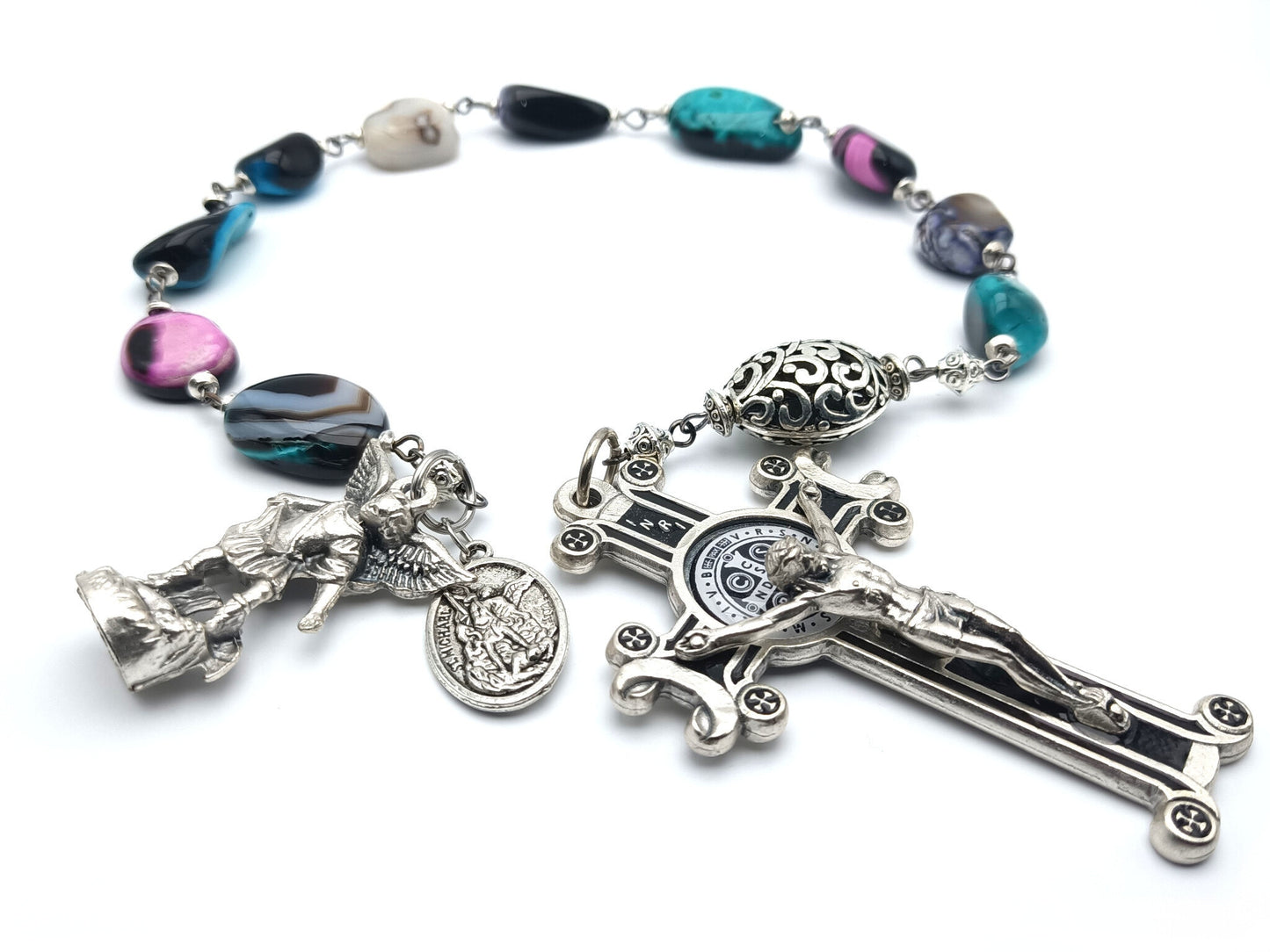 Saint Michael unique rosary beads single decade or tenner rosary with multi coloured gemstone beads, silver Saint Benedict crucifix, pater bead and statue Saint Michael medal.
