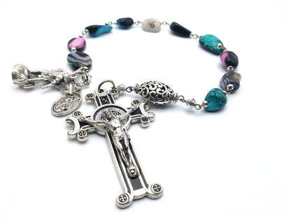 Saint Michael unique rosary beads single decade or tenner rosary with multi coloured gemstone beads, silver Saint Benedict crucifix, pater bead and statue Saint Michael medal.