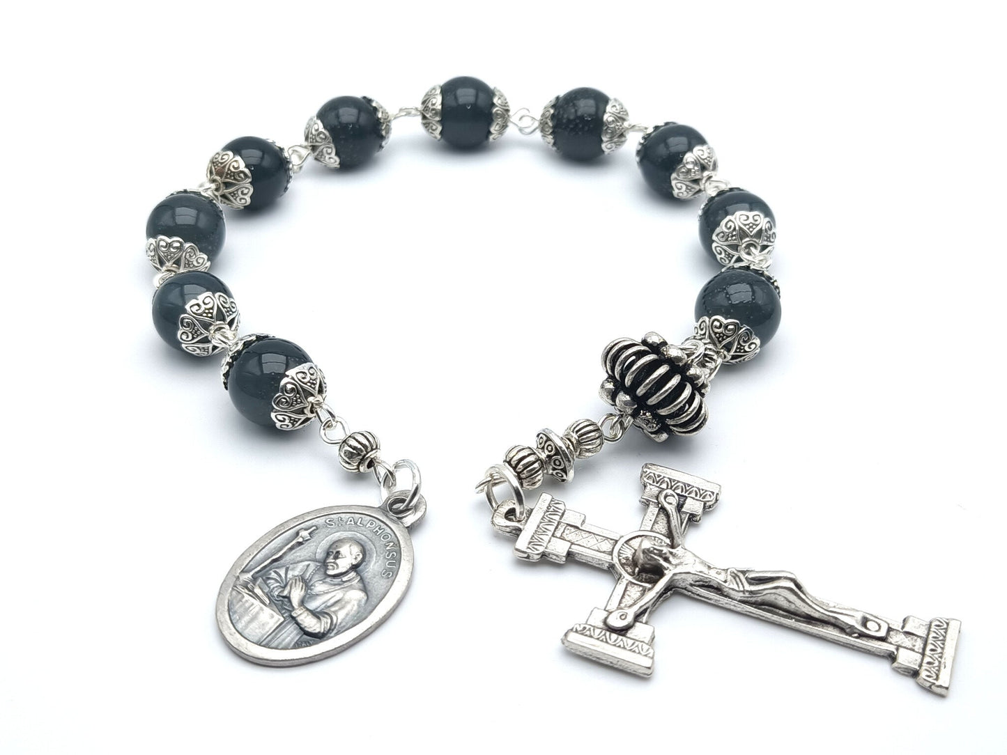 Saint Alphonsus Liguori unique rosary beads single decade or tenner rosary with blue gemstone beads, silver bead caps, pater bead, column crucifix and Saint Alphonsus medal.