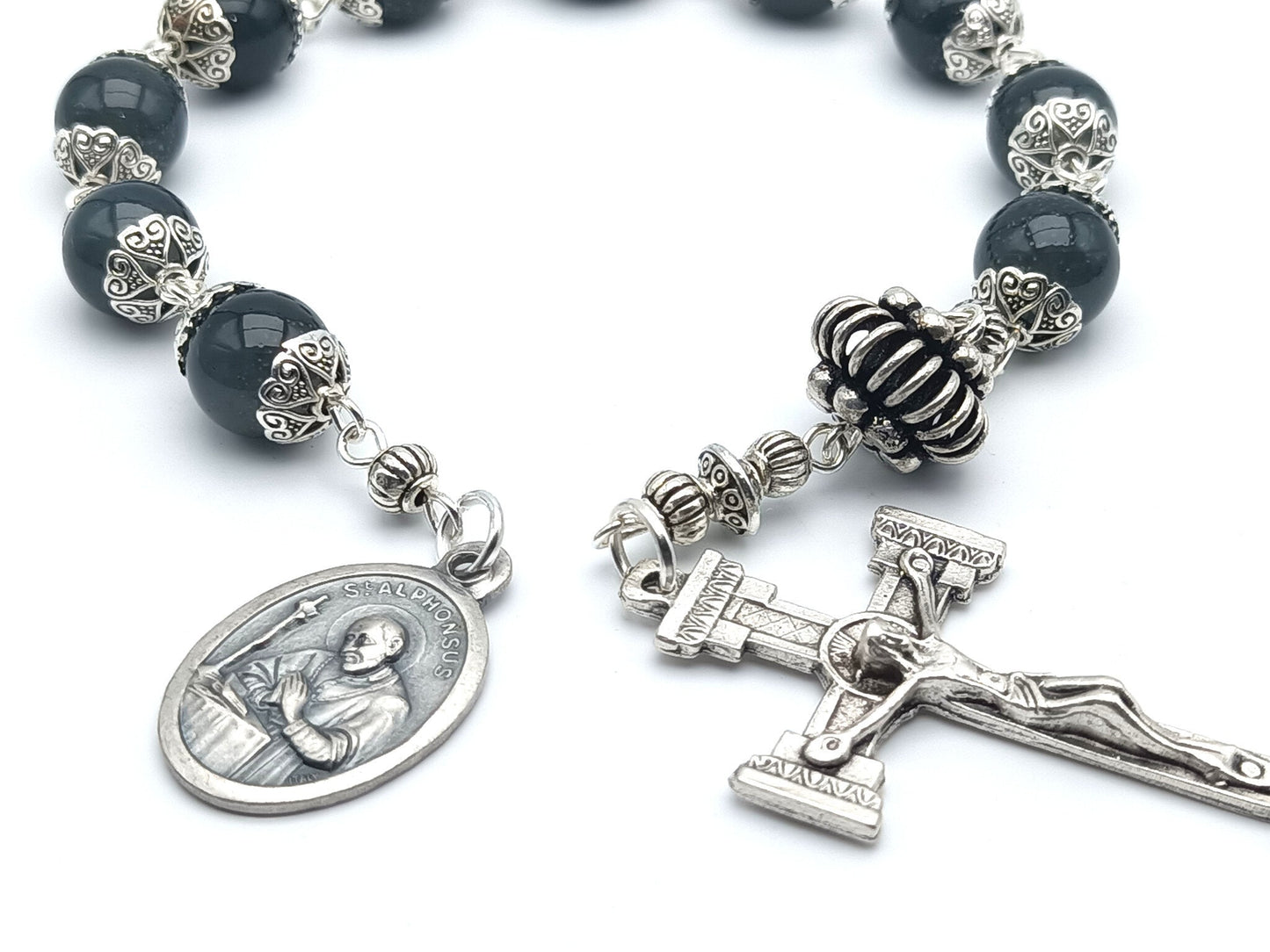 Saint Alphonsus Liguori unique rosary beads single decade or tenner rosary with blue gemstone beads, silver bead caps, pater bead, column crucifix and Saint Alphonsus medal.