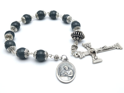 Saint Alphonsus Liguori unique rosary beads single decade or tenner rosary with blue gemstone beads, silver bead caps, pater bead, column crucifix and Saint Alphonsus medal.
