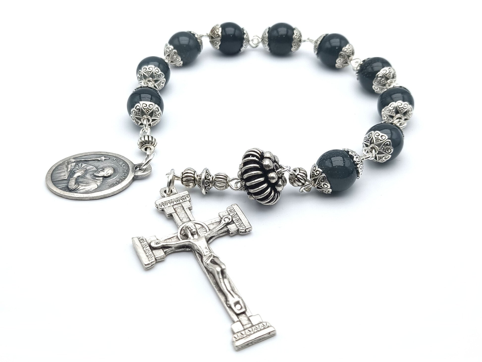 Saint Alphonsus Liguori unique rosary beads single decade or tenner rosary with blue gemstone beads, silver bead caps, pater bead, column crucifix and Saint Alphonsus medal.