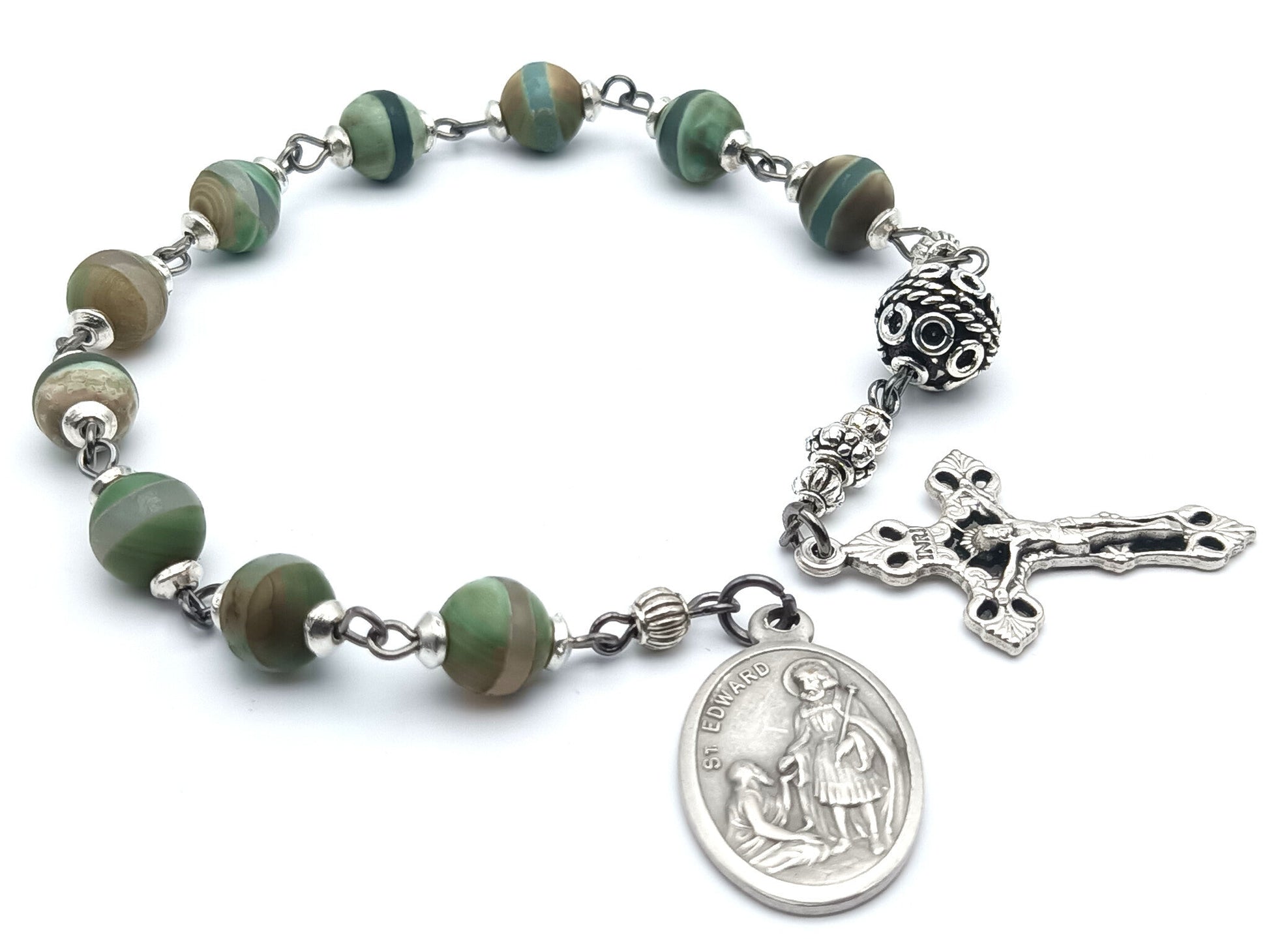Saint Edward unique rosary beads single decade or tenner rosary with green agate gemstone beads, silver pater bead, crucifix and Saint Edward medal.