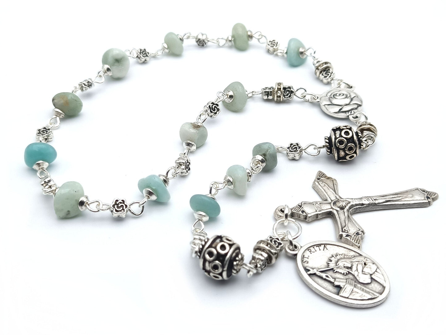 Saint Rita unique rosary beads single decade or tenner rosary with agate gemstone beads, silver pater beads, Holy Angels crucifix and Saint Rita medal.