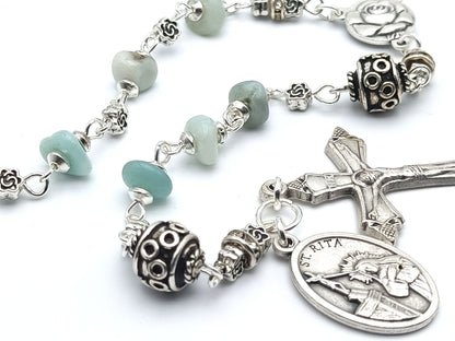 Saint Rita unique rosary beads single decade or tenner rosary with agate gemstone beads, silver pater beads, Holy Angels crucifix and Saint Rita medal.