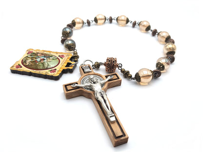 Saint Michael unique rosary beads single decade or tenner with pale gold glass beads, bronze bead caps, copper pater bead and silver and wooden crucifix and Saint Michael wooden picture medal.