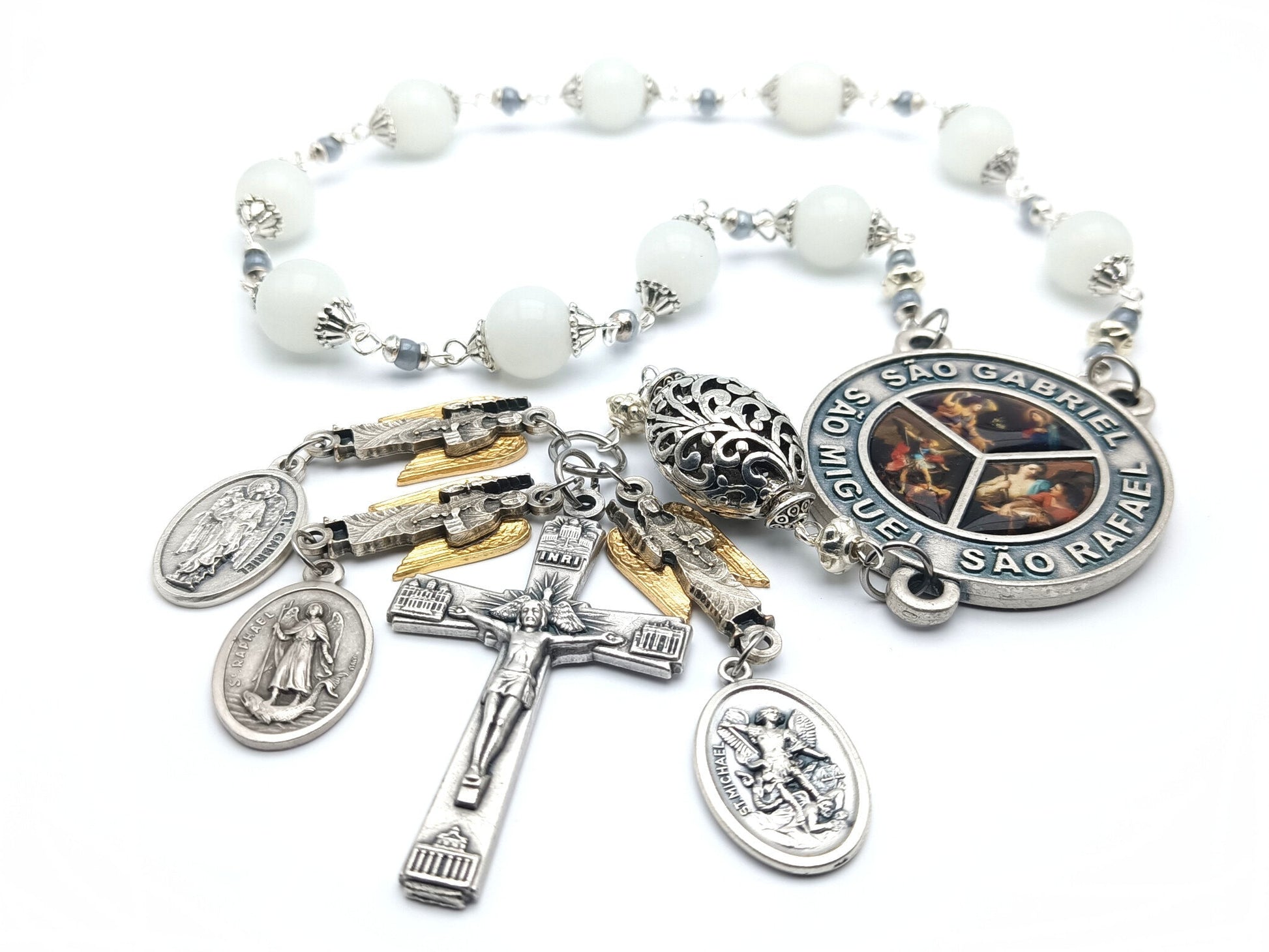 Archangels unique rosary beads single decade or tenner with opal gemstone beads, silver basilica crucifix, picture centre medal and archangels medals.