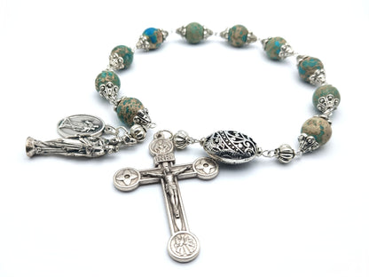 Our Lady help of Christians unique rosary beads single decade or tenner with gemstone beads, silver bead caps, crucifix, Saint Dom Bosco medal and Our Lady medal.