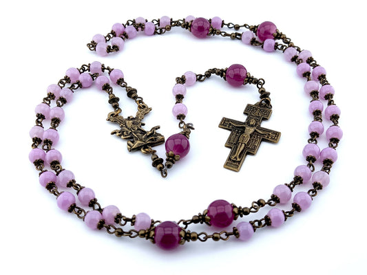 Saint Michael the Archangel unique rosary beads with pink glass beads, bronze Saint Francis crucifix, centre medal and bead caps.