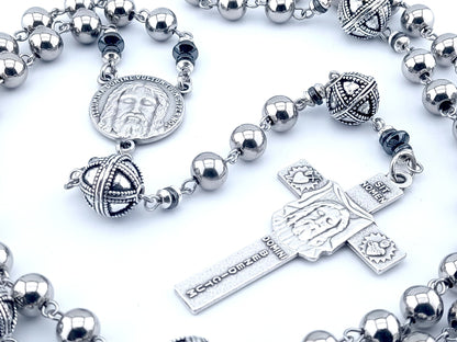 Holy face of Jesus unique rosary beads with stainless steel beads, silver Holy Face crucifix, pater beads and centre medal.