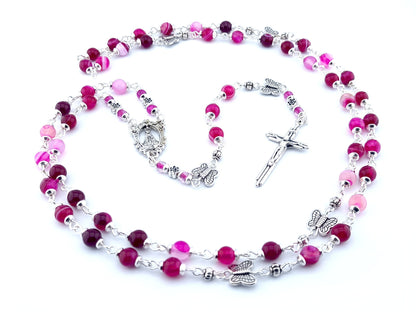Our Lady of Loretto unique rosary beads with pink agate gemstone beads, silver butterfly pater beads, crucifix and centre medal.