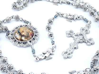 The Annunciation unique rosary beads with Tibetan silver beads, silver angel pater beads, crucifix and picture centre medal.