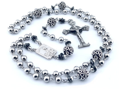 Brown Scapular unique rosary beads with stainless steel beads, pewter crucifix, silver pater beads and centre medal.
