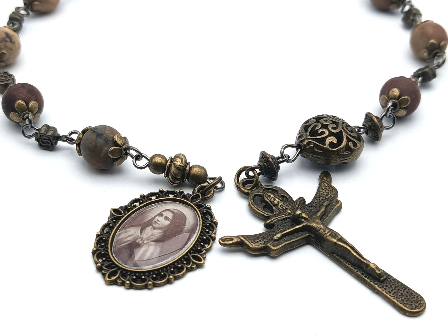 Saint Therese of Lisieux unique rosary beads single decade or tenner rosary with gemstone beads, bronze bead caps, Trinity crucifix and picture end medal.