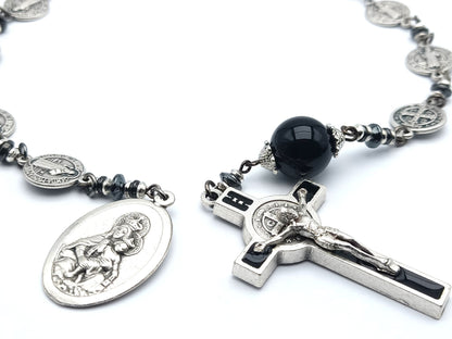 Saint Benedict unique rosary beads single decade or tenner rosary with silver Saint benedict medal beads, onyx pater bead, silver and black enamel crucifix and Our Lady of Mount Carmel medal.