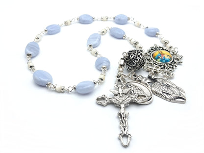 Saint Dom Bosco and Our Lady Help of Christians unique rosary beads single decade or tenner rosary with lace agate gemstone beads, silver pater bead, Holy Spirit crucifix, picture centre medal and end medals.