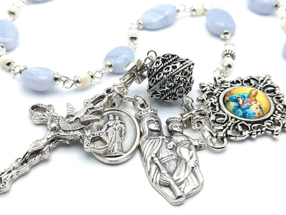 Saint Dom Bosco and Our Lady Help of Christians unique rosary beads single decade or tenner rosary with lace agate gemstone beads, silver pater bead, Holy Spirit crucifix, picture centre medal and end medals.