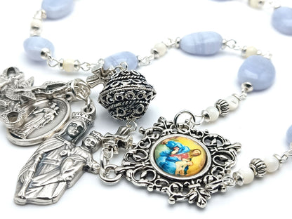 Saint Dom Bosco and Our Lady Help of Christians unique rosary beads single decade or tenner rosary with lace agate gemstone beads, silver pater bead, Holy Spirit crucifix, picture centre medal and end medals.