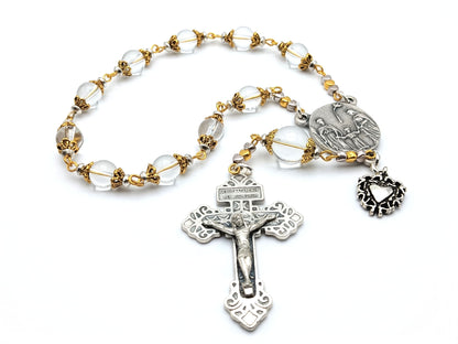 Three Hearts of Jesus, Mary and Joseph unique rosary beads single decade or tenner rosary with clear glass beads, golden bead caps, silver pardon crucifix and centre medal.