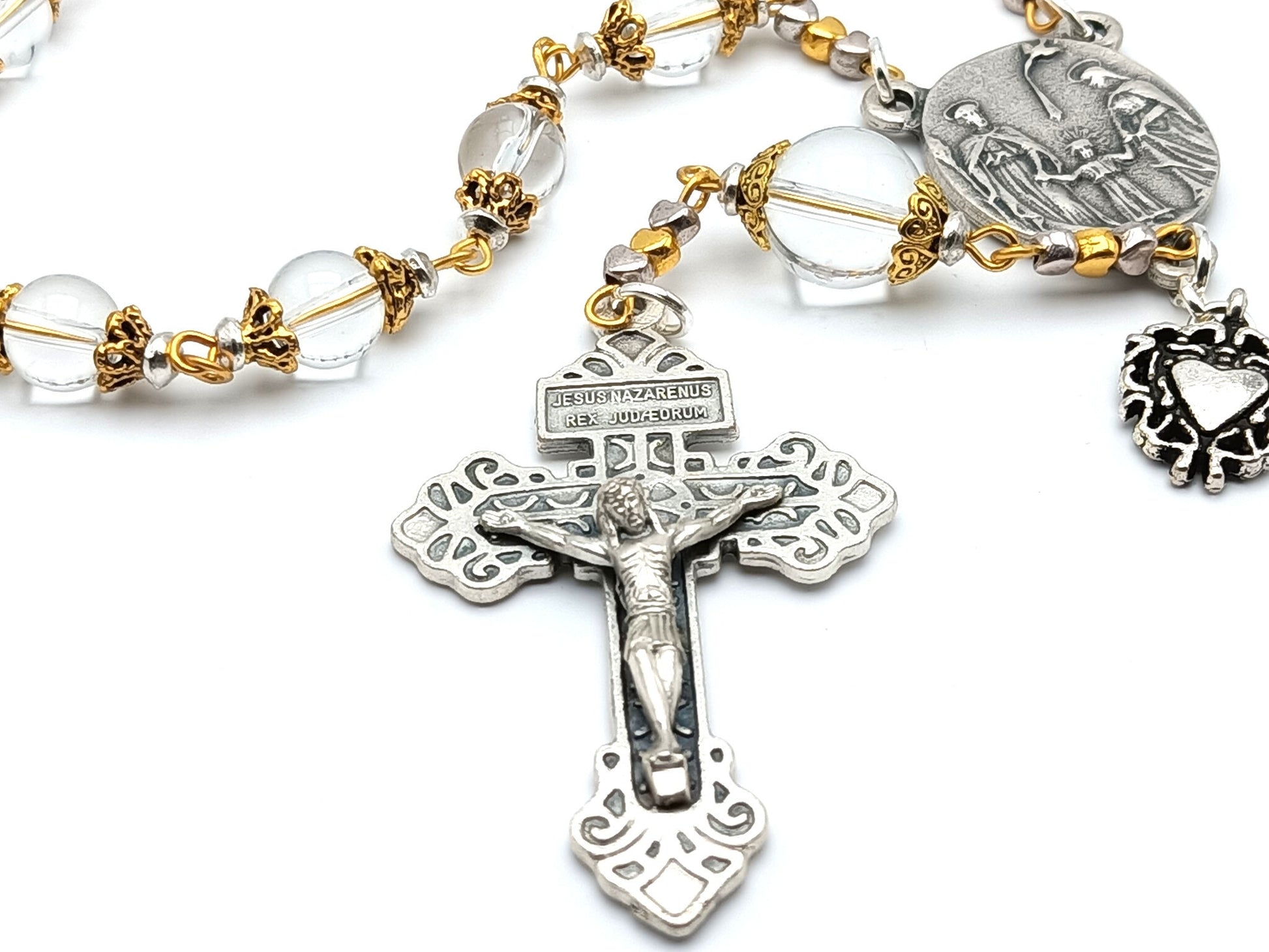 Three Hearts of Jesus, Mary and Joseph unique rosary beads single decade or tenner rosary with clear glass beads, golden bead caps, silver pardon crucifix and centre medal.