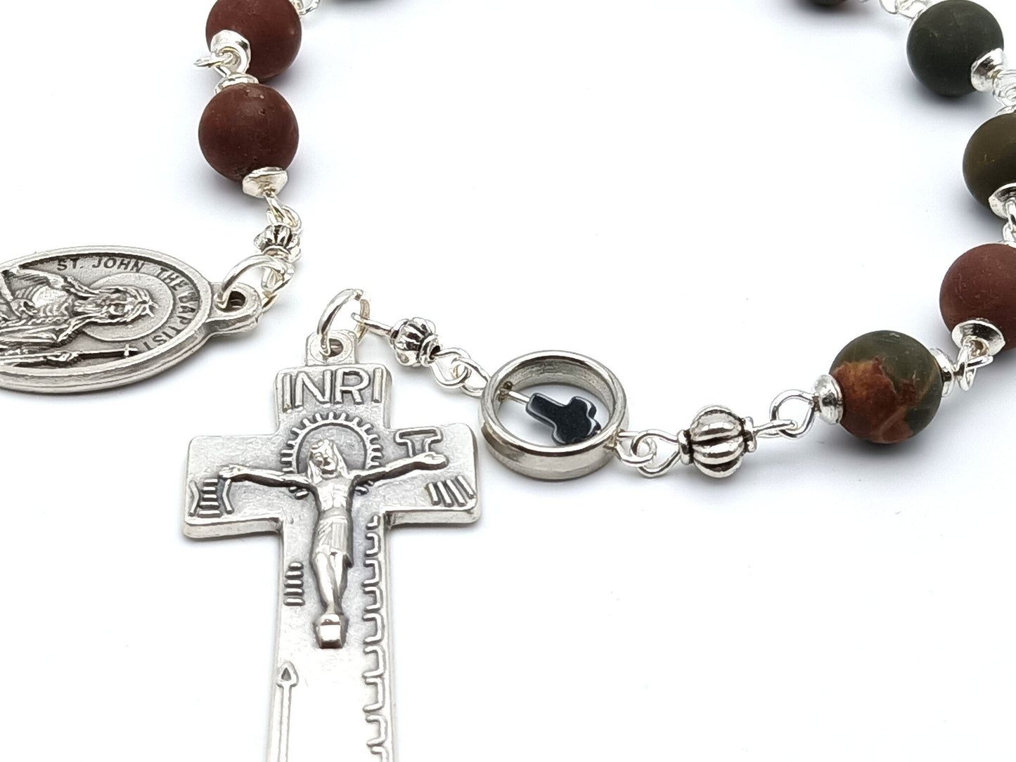 Saint John the Baptist unique rosary beads single decade or tenner rosary with gemstone beads, silver cross pater bead, penal crucifix and end medal.