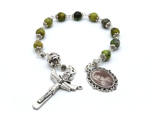 Saint Therese of Lisieux unique rosary beads single decade or tenner rosary with green gemstone beads, silver bead caps, pater bead, Trinity crucifix and picture end medal.