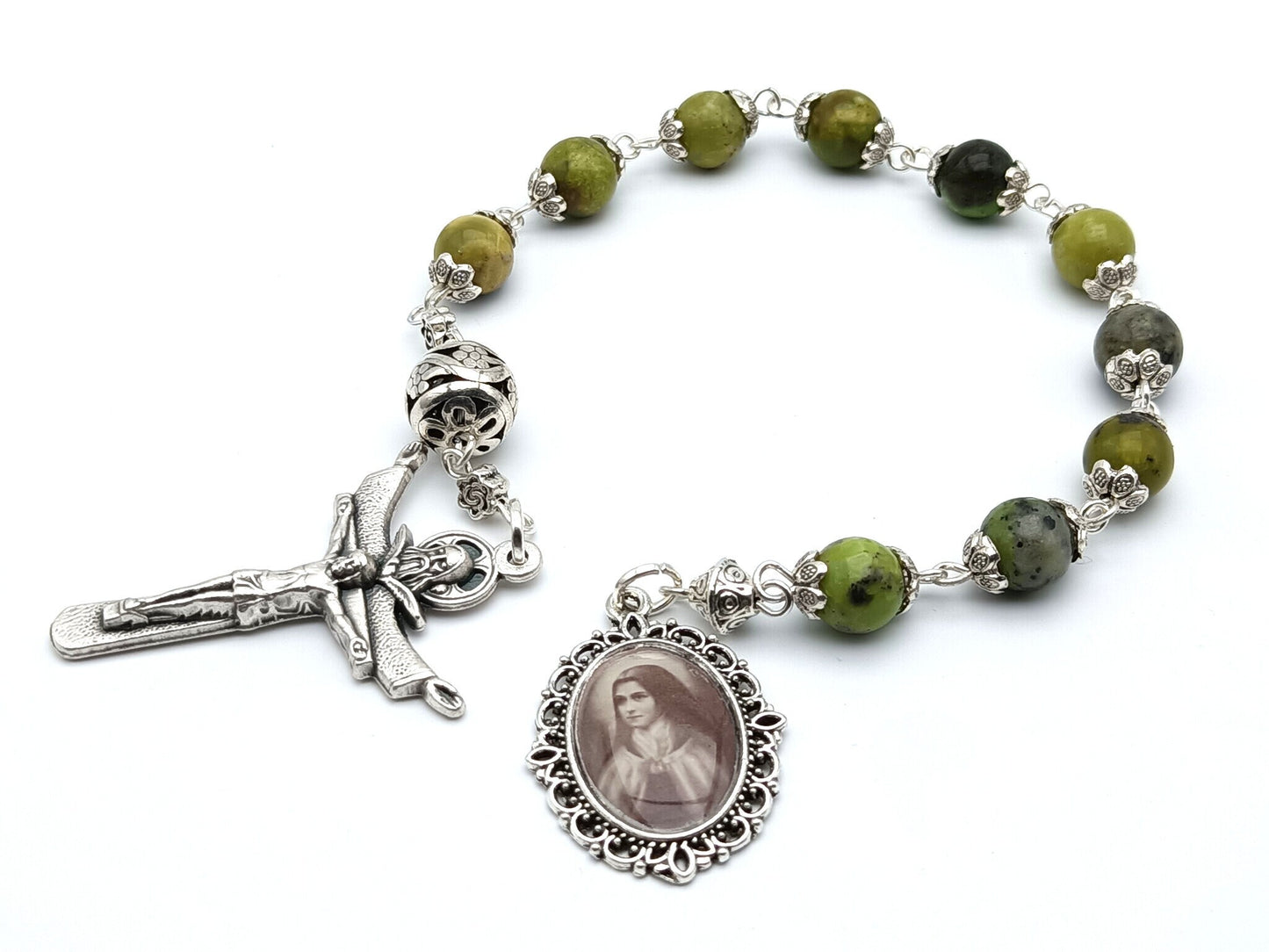 Saint Therese of Lisieux unique rosary beads single decade or tenner rosary with green gemstone beads, silver bead caps, pater bead, Trinity crucifix and picture end medal.