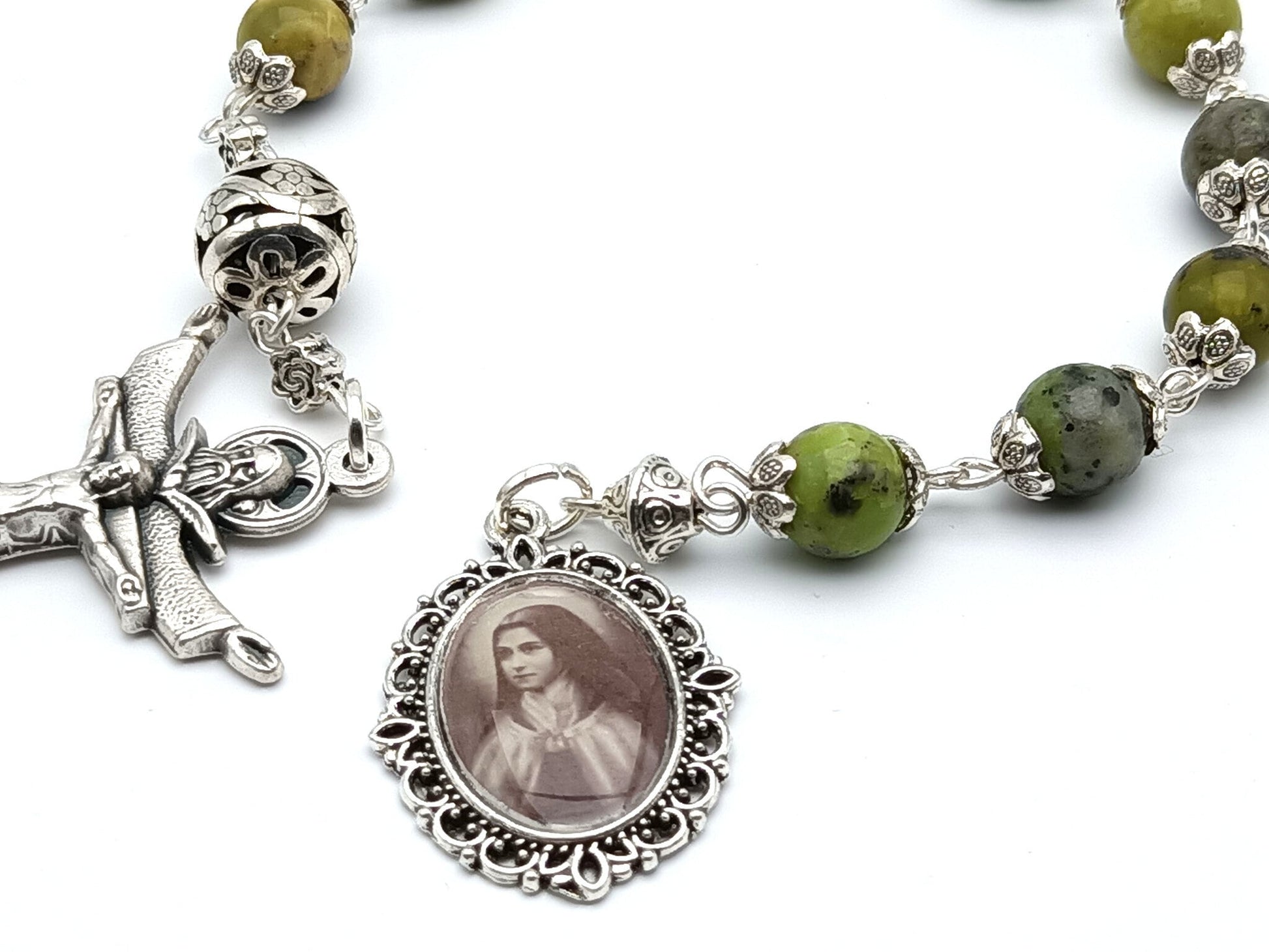 Saint Therese of Lisieux unique rosary beads single decade or tenner rosary with green gemstone beads, silver bead caps, pater bead, Trinity crucifix and picture end medal.