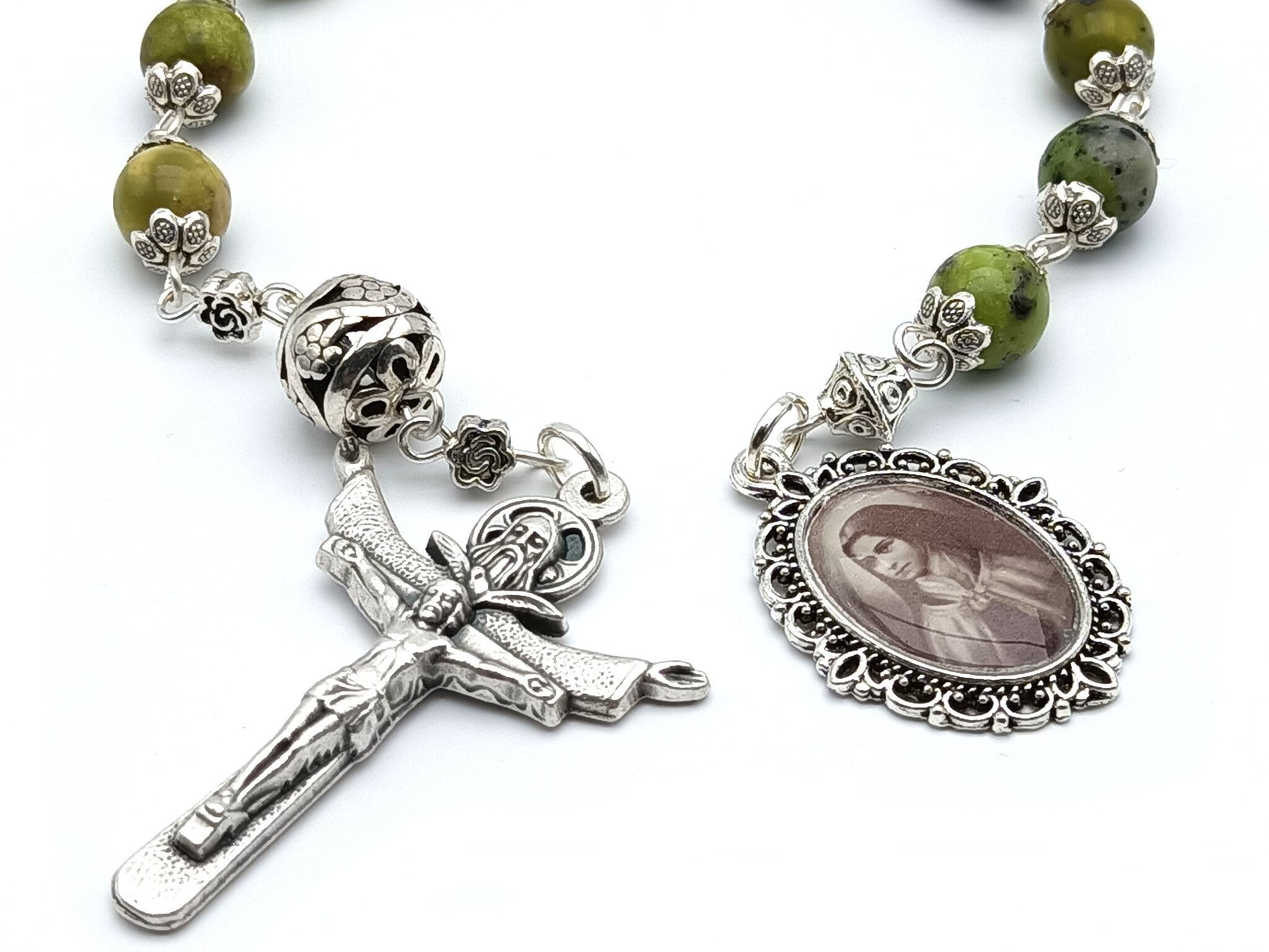 Saint Therese of Lisieux unique rosary beads single decade or tenner rosary with green gemstone beads, silver bead caps, pater bead, Trinity crucifix and picture end medal.