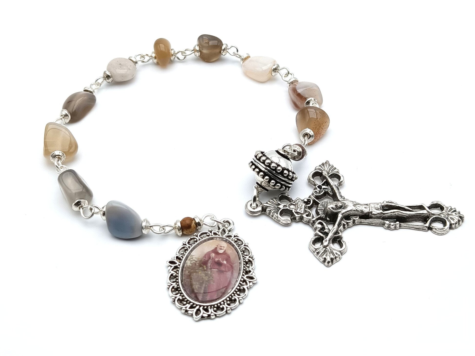 Saint Padre Pio unique rosary beads single decade or tenner rosary with agate gemstone beads, silver pater bead, crucifix and picture end medal.