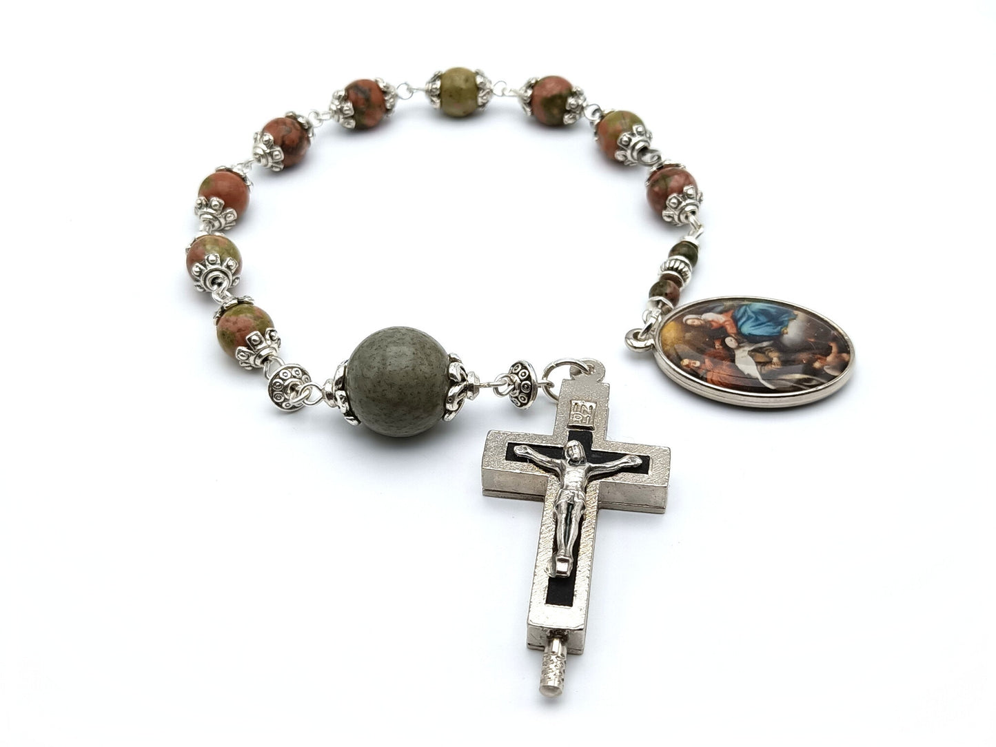 Saint Teresa of Avila and Saint John of the Cross unique rosary beads single decade or tenner rosary with gemstone beads, silver bead caps, relic holder crucifix and picture end medal.