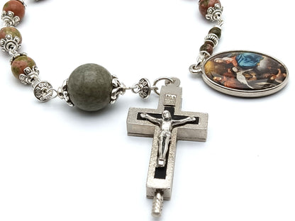 Saint Teresa of Avila and Saint John of the Cross unique rosary beads single decade or tenner rosary with gemstone beads, silver bead caps, relic holder crucifix and picture end medal.