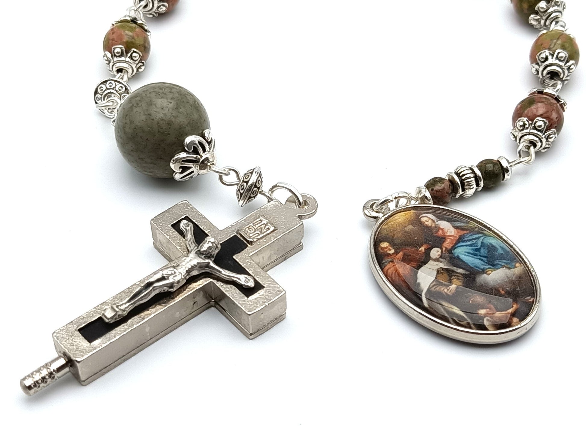 Saint Teresa of Avila and Saint John of the Cross unique rosary beads single decade or tenner rosary with gemstone beads, silver bead caps, relic holder crucifix and picture end medal.