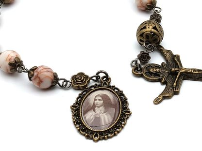 Saint Therese of Lisieux unique rosary beads single decade or tenner rosary with dragons blood gemstone beads, bronze bead caps, pater bead, Trinity crucifix and picture medal.